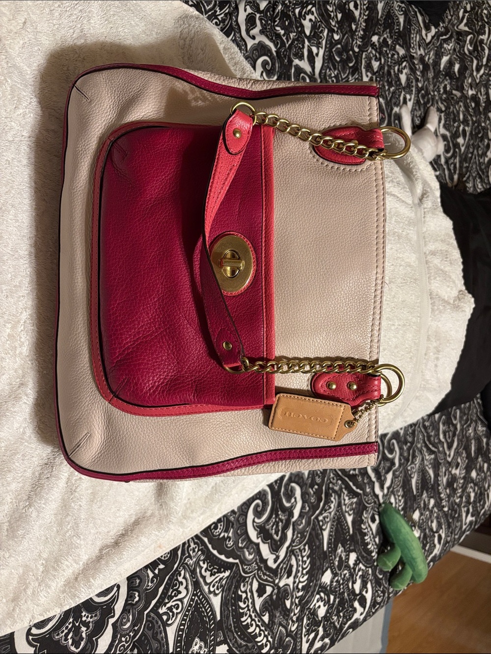 Coach Two-Tone Pink and Cream Leather Shoulder Tote with Gold Chain